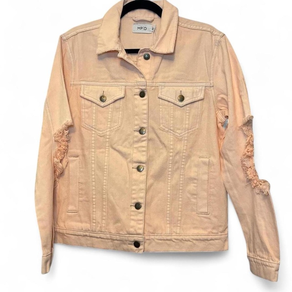 NWT MINKPINK Trashed 90s Grunge Pastel Baby Pink Distressed Denim Jacket — SMALL - Picture 4 of 5